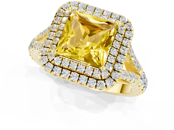 Yellow gold Double Halo Princess Cut Yellow Sapphire Pavé Split Shank Ring with Prong Setting