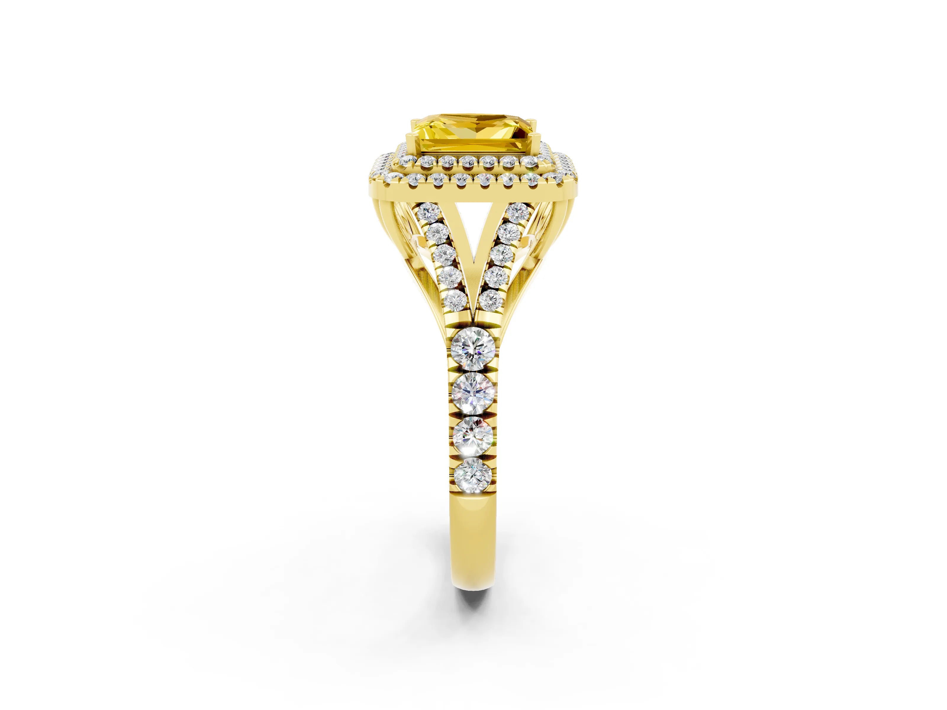 Yellow gold Double Halo Princess Cut Yellow Sapphire Pavé Split Shank Ring with Prong Setting_2