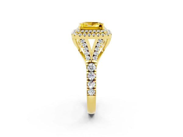 Yellow gold Double Halo Princess Cut Yellow Sapphire Pavé Split Shank Ring with Prong Setting