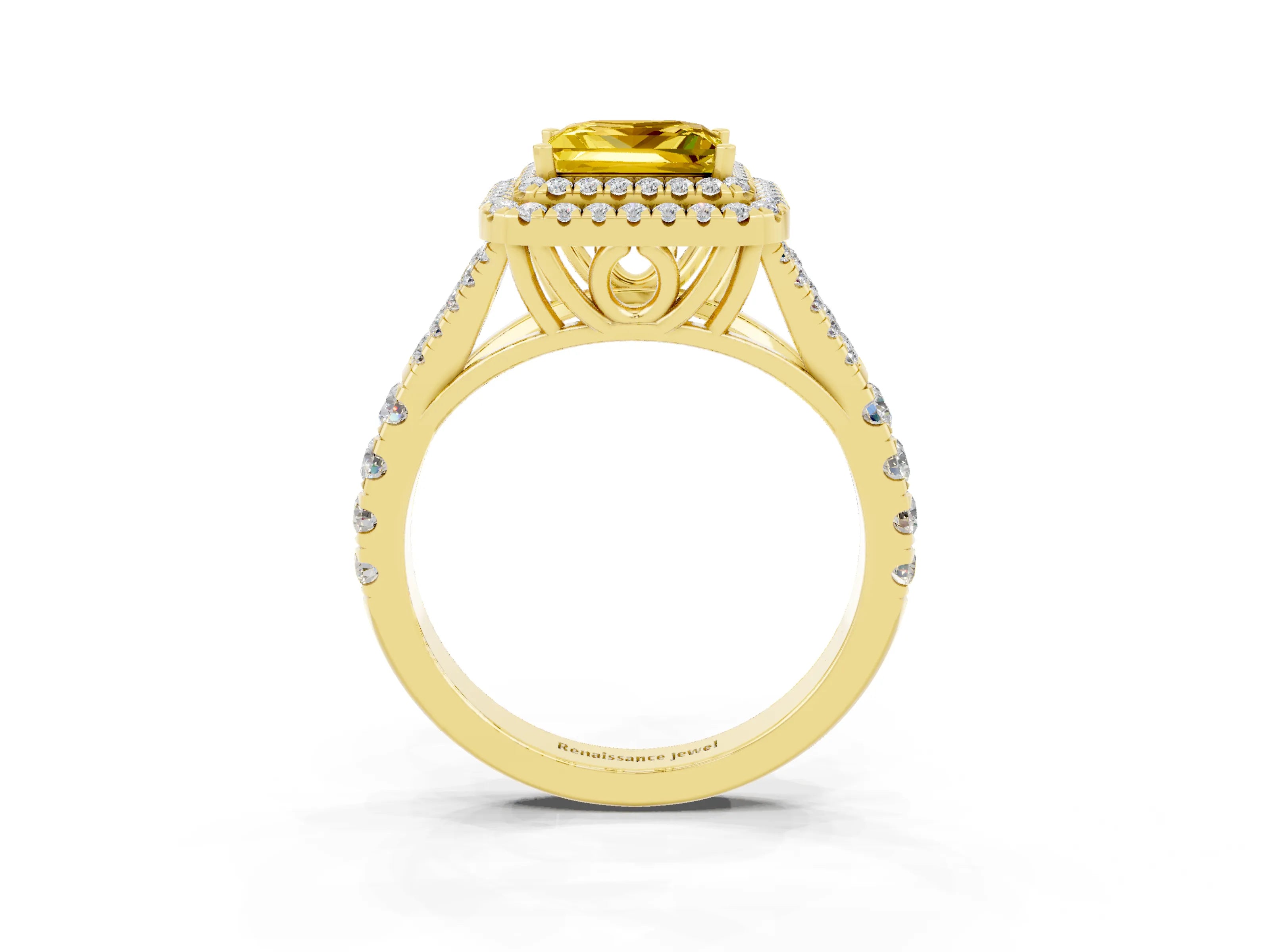 Yellow gold Double Halo Princess Cut Yellow Sapphire Pavé Split Shank Ring with Prong Setting_3