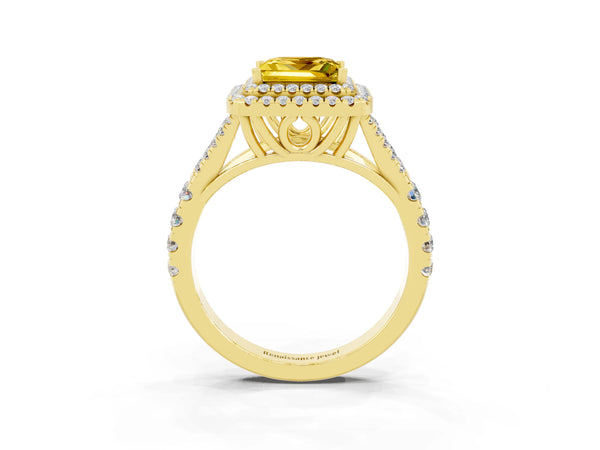 Yellow gold Double Halo Princess Cut Yellow Sapphire Pavé Split Shank Ring with Prong Setting