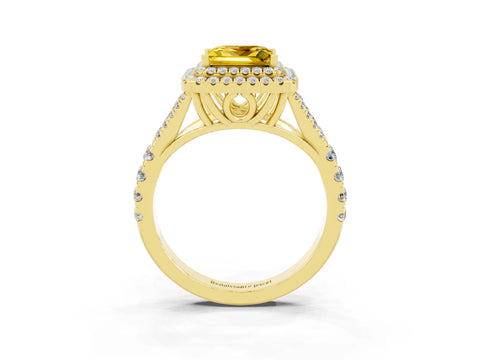 Yellow gold Double Halo Princess Cut Yellow Sapphire Pavé Split Shank Ring with Prong Setting_3