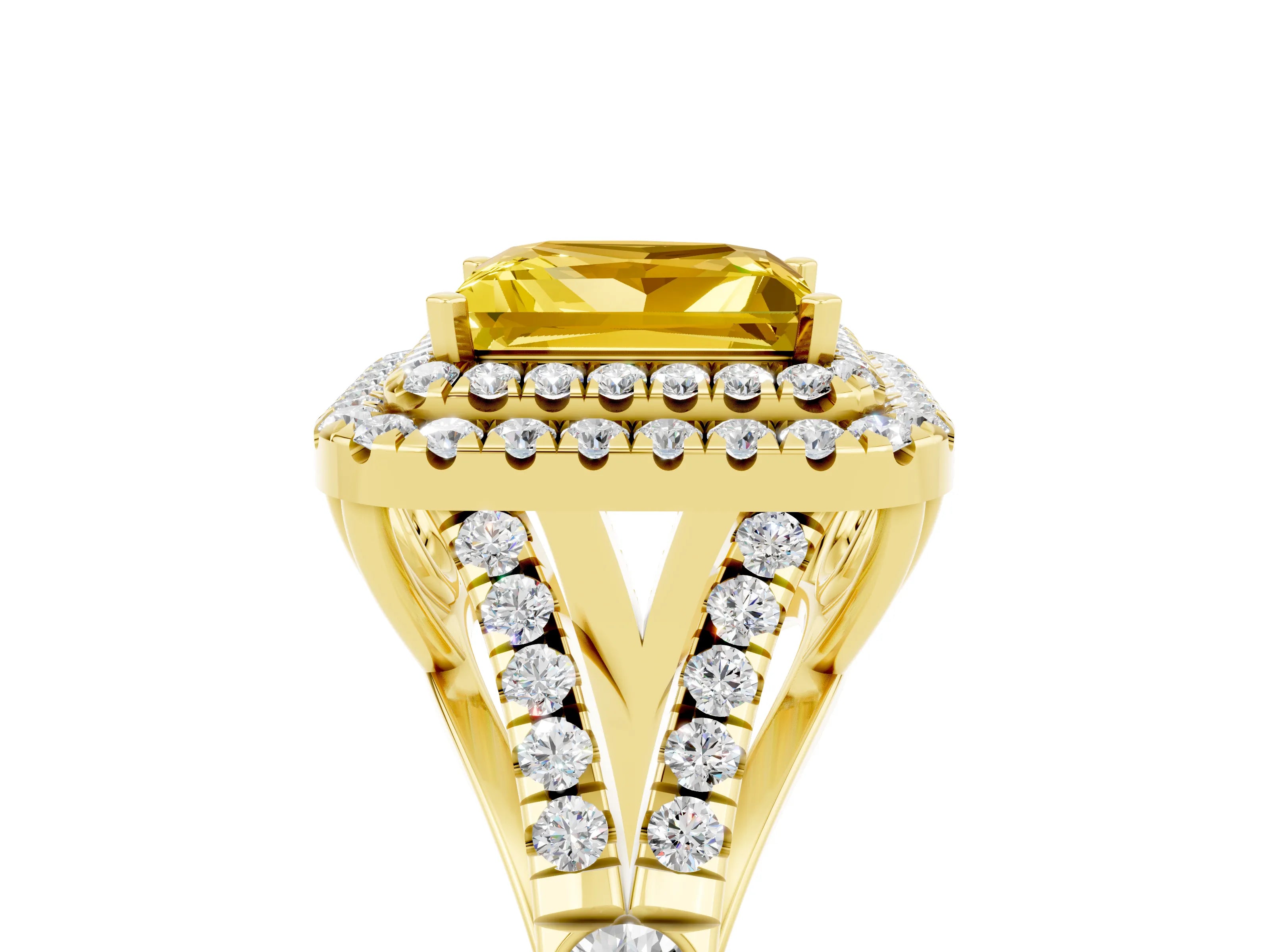 Yellow gold Double Halo Princess Cut Yellow Sapphire Pavé Split Shank Ring with Prong Setting_5