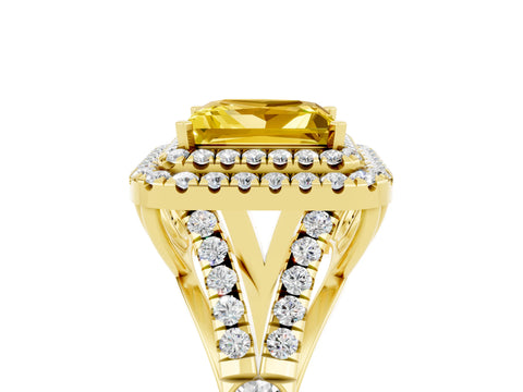 Yellow gold Double Halo Princess Cut Yellow Sapphire Pavé Split Shank Ring with Prong Setting_5