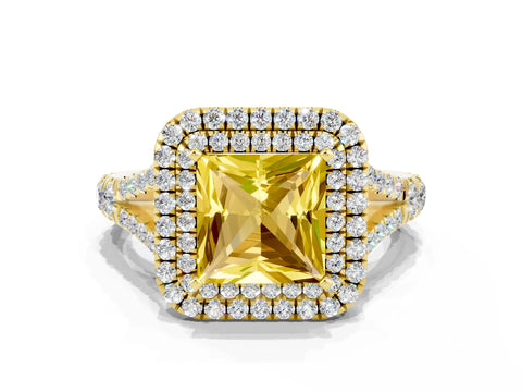 Yellow gold Double Halo Princess Cut Yellow Sapphire Pavé Split Shank Ring with Prong Setting