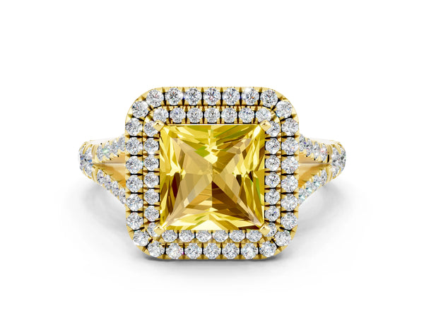 Yellow gold Double Halo Princess Cut Yellow Sapphire Split Shank Engagement Ring with Four-Prong Setting