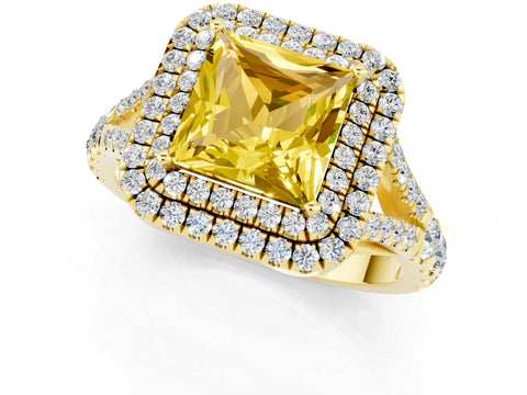 Yellow gold Double Halo Princess Cut Yellow Sapphire Split Shank Engagement Ring with Four-Prong Setting_1