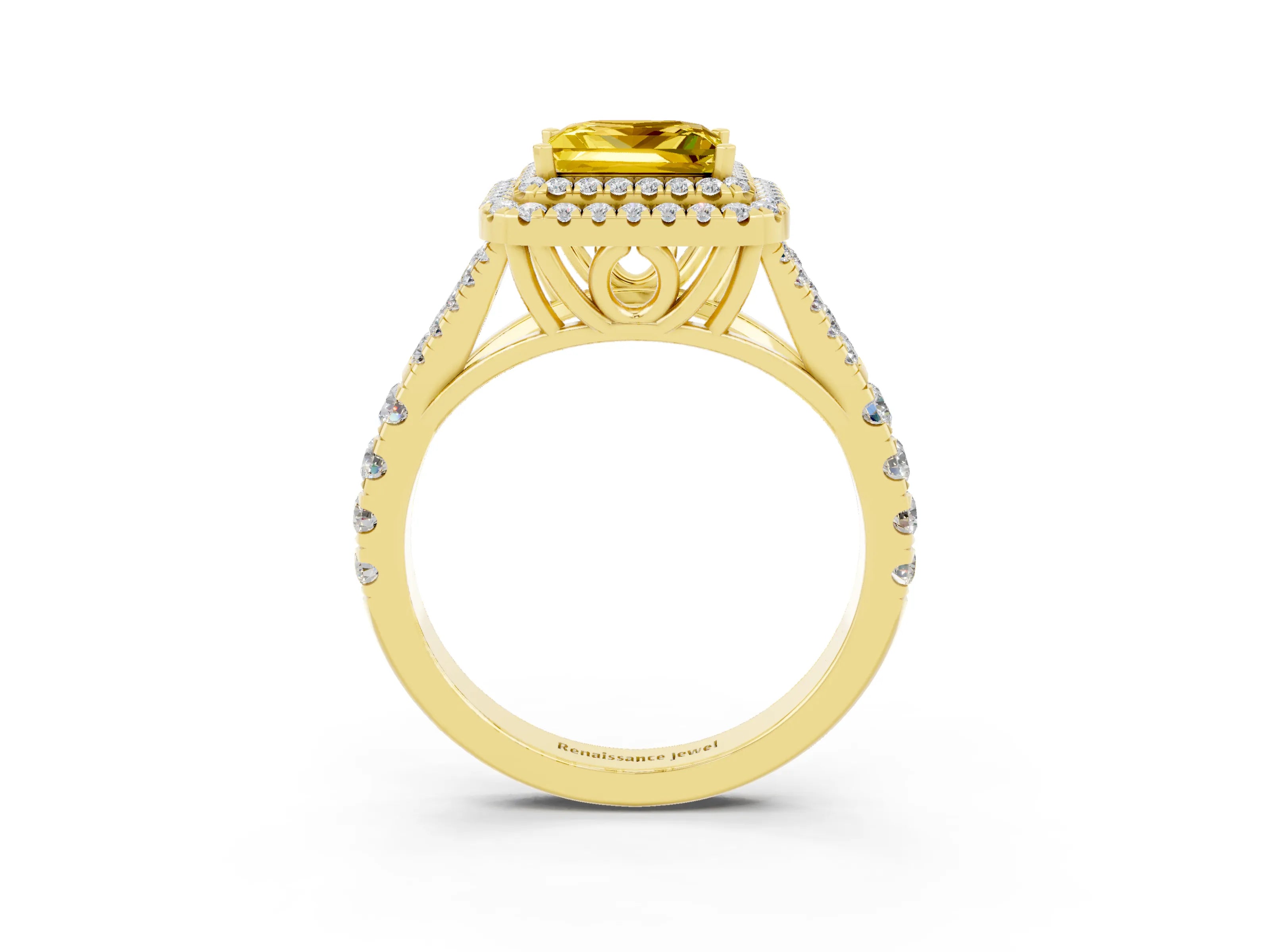 Yellow gold Double Halo Princess Cut Yellow Sapphire Split Shank Engagement Ring with Four-Prong Setting_3