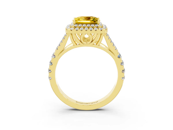 Yellow gold Double Halo Princess Cut Yellow Sapphire Split Shank Engagement Ring with Four-Prong Setting
