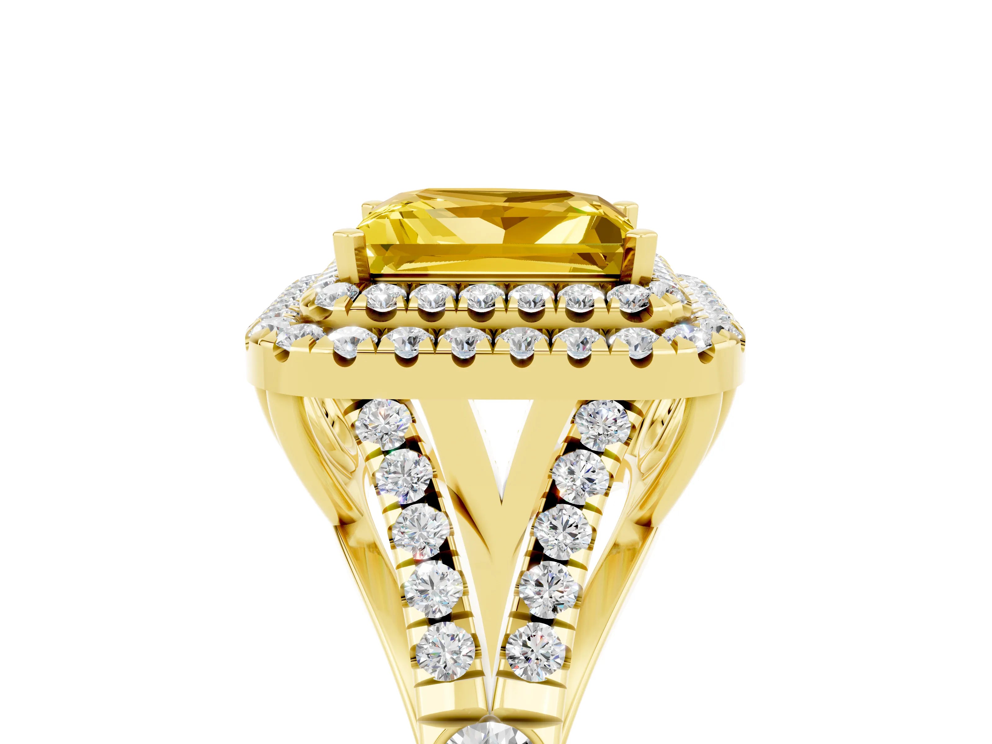 Yellow gold Double Halo Princess Cut Yellow Sapphire Split Shank Engagement Ring with Four-Prong Setting_5