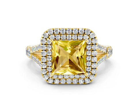 Yellow gold Double Halo Princess Cut Yellow Sapphire Split Shank Engagement Ring with Four-Prong Setting