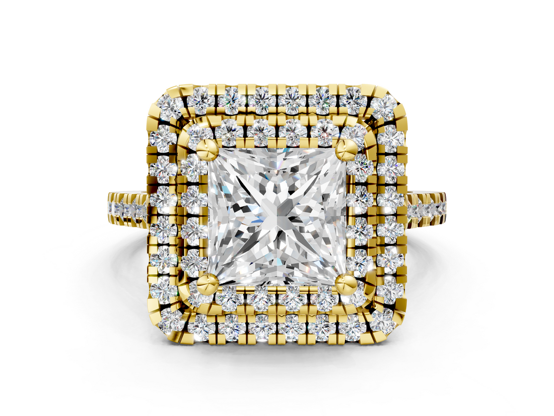 Yellow gold Double Halo Princess Diamond Pave Band with Four-Prong Setting_58