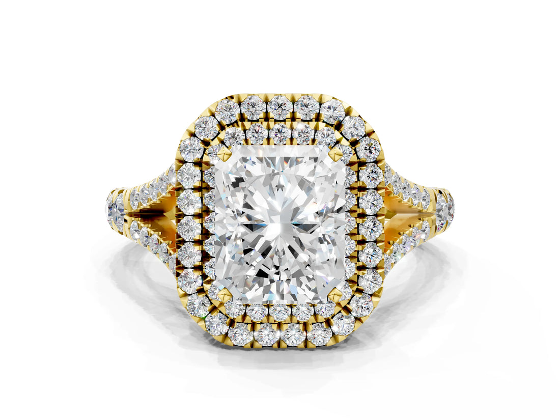 Yellow gold Double Halo Radiant Cut Diamond Split Shank Engagement Ring with Four-Prong Setting_7