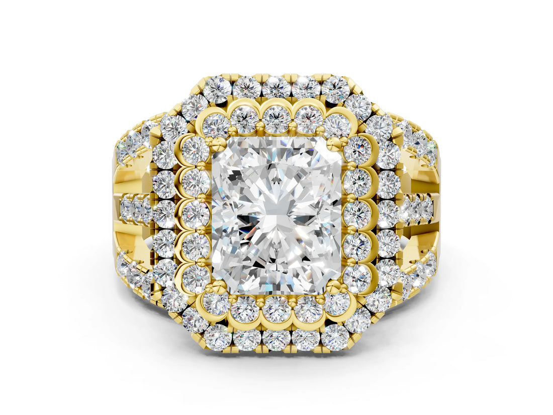 Yellow gold Double Halo Radiant Cut Diamond Split Shank Pave Set Ring_3