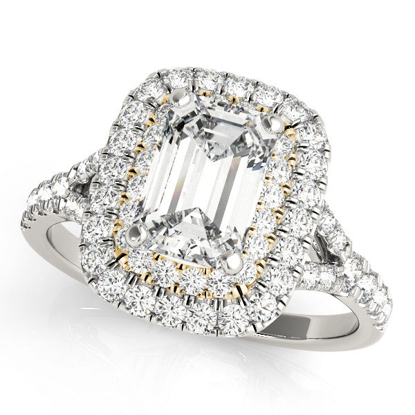 Yellow gold Double Halo Radiant Cut Diamond Split Shank Ring with Four Prong Setting 1