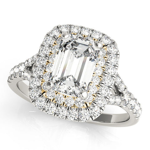 Yellow gold Double Halo Radiant Cut Diamond Split Shank Ring with Four Prong Setting 1