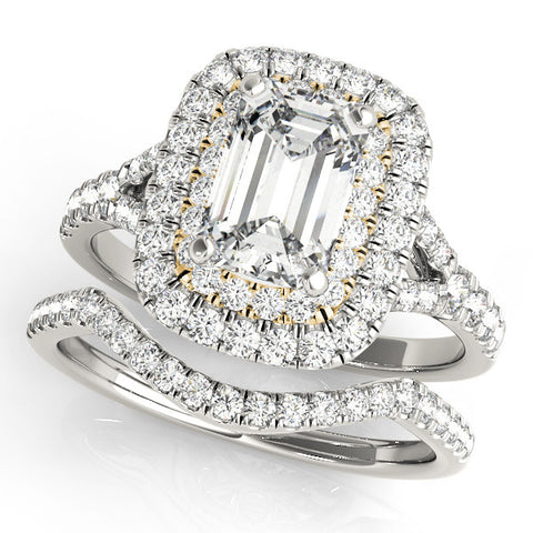 Yellow gold Double Halo Radiant Cut Diamond Split Shank Ring with Four Prong Setting 2