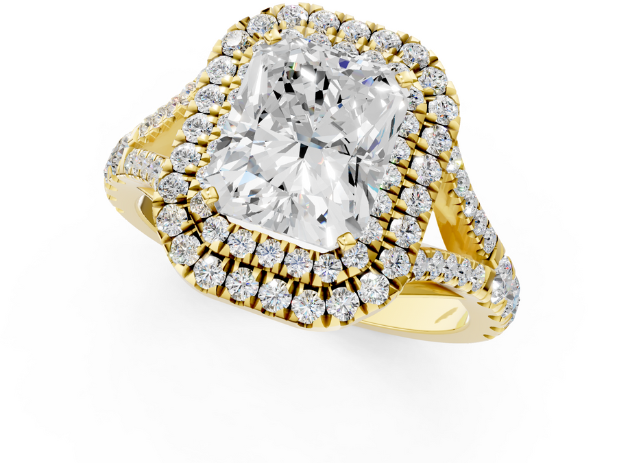 Yellow gold Radiant Cut Diamond Pavé Split Shank Double Halo Engagement Ring