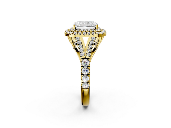 Yellow gold Radiant Cut Diamond Pavé Split Shank Double Halo Engagement Ring