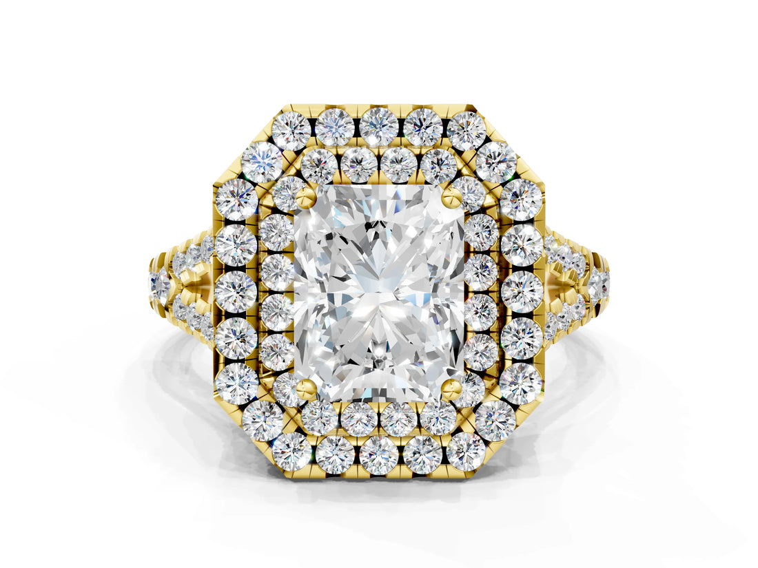 Yellow gold Double Halo Radiant Cut Pave Split Shank Prong Set Ring_15