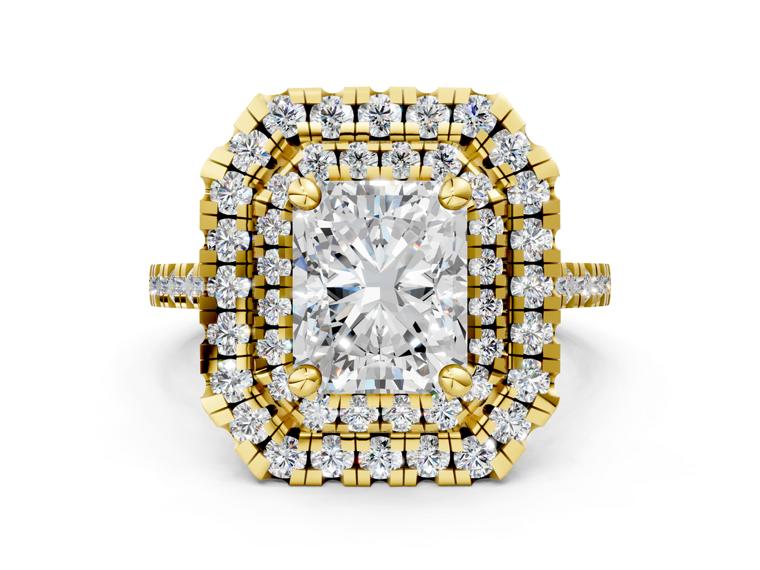 Yellow gold Double Halo Radiant Diamond Pave Band with Four-Prong Setting_58