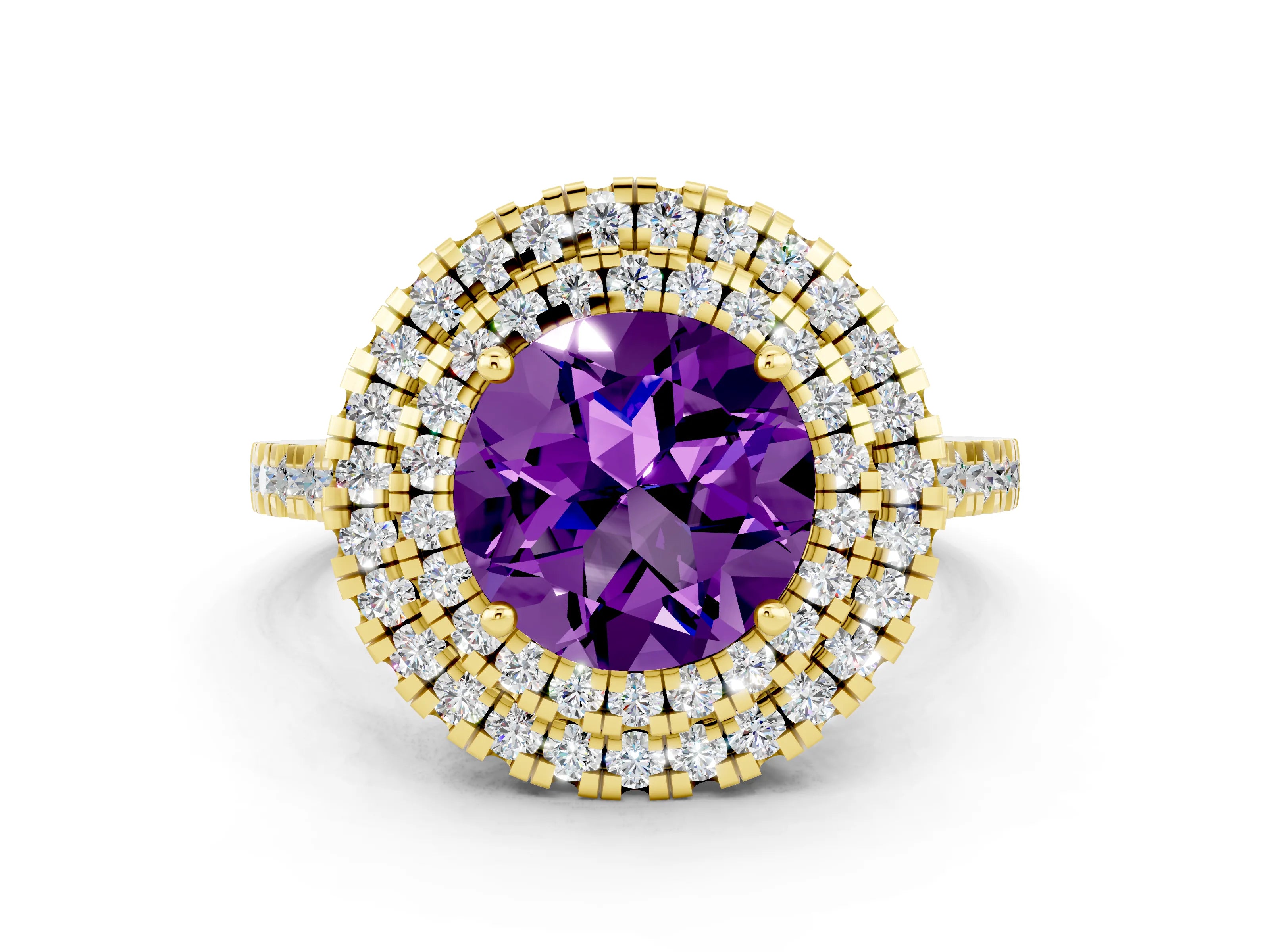 Yellow gold Double Halo Round Cut Amethyst Pavé Band with Four-Prong Setting