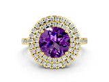 Yellow gold Double Halo Round Cut Amethyst Pavé Band with Four-Prong Setting