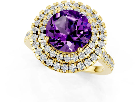 Yellow gold Double Halo Round Cut Amethyst Pavé Band with Four-Prong Setting_1