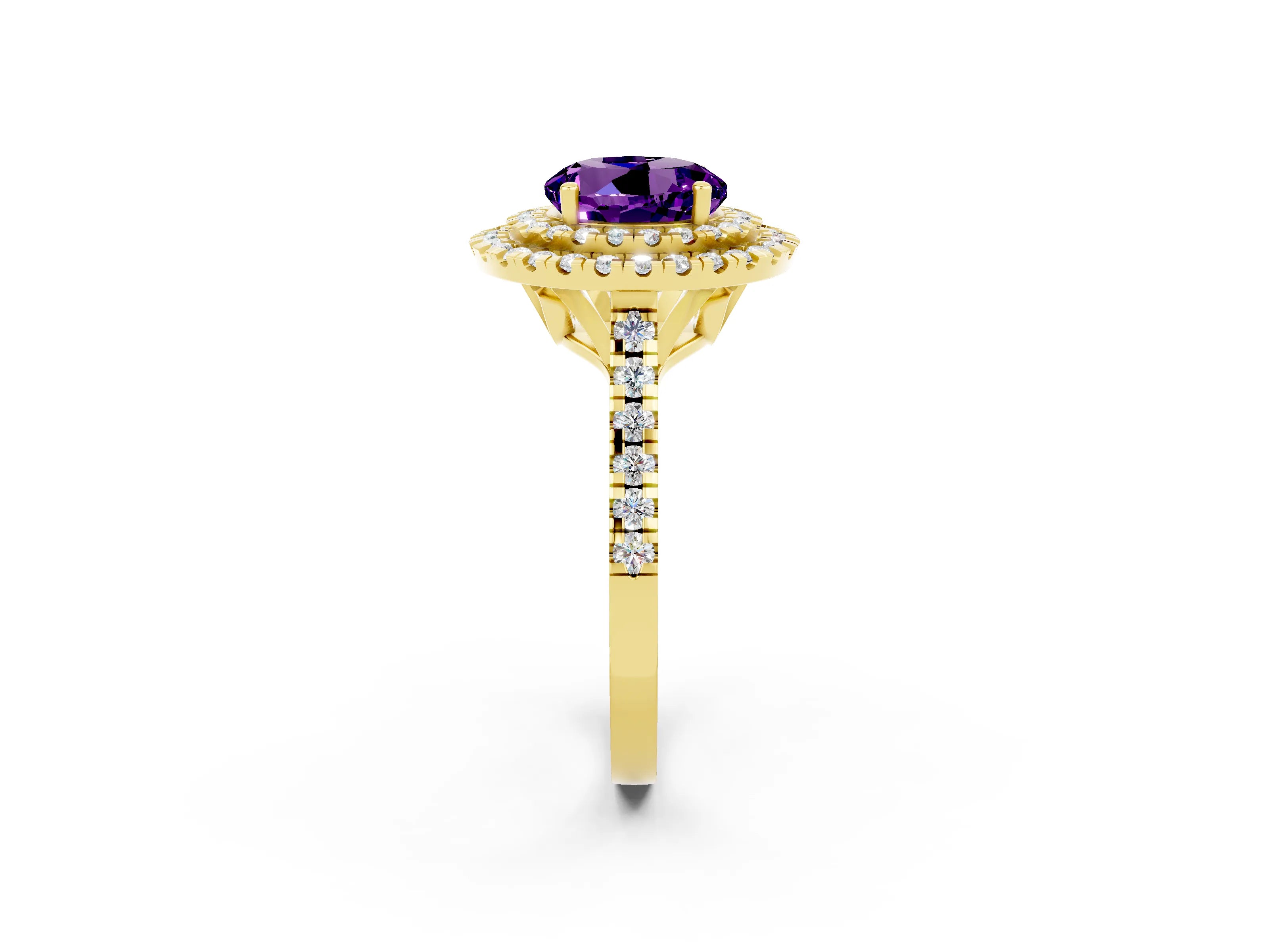 Yellow gold Double Halo Round Cut Amethyst Pavé Band with Four-Prong Setting_2