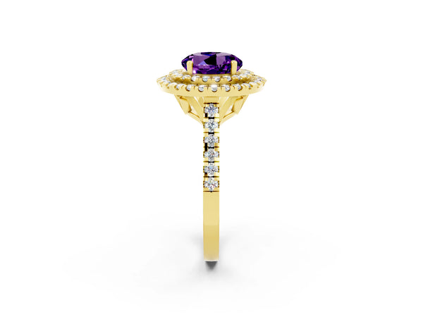 Yellow gold Double Halo Round Cut Amethyst Pavé Band with Four-Prong Setting