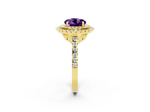 Yellow gold Double Halo Round Cut Amethyst Pavé Band with Four-Prong Setting_2