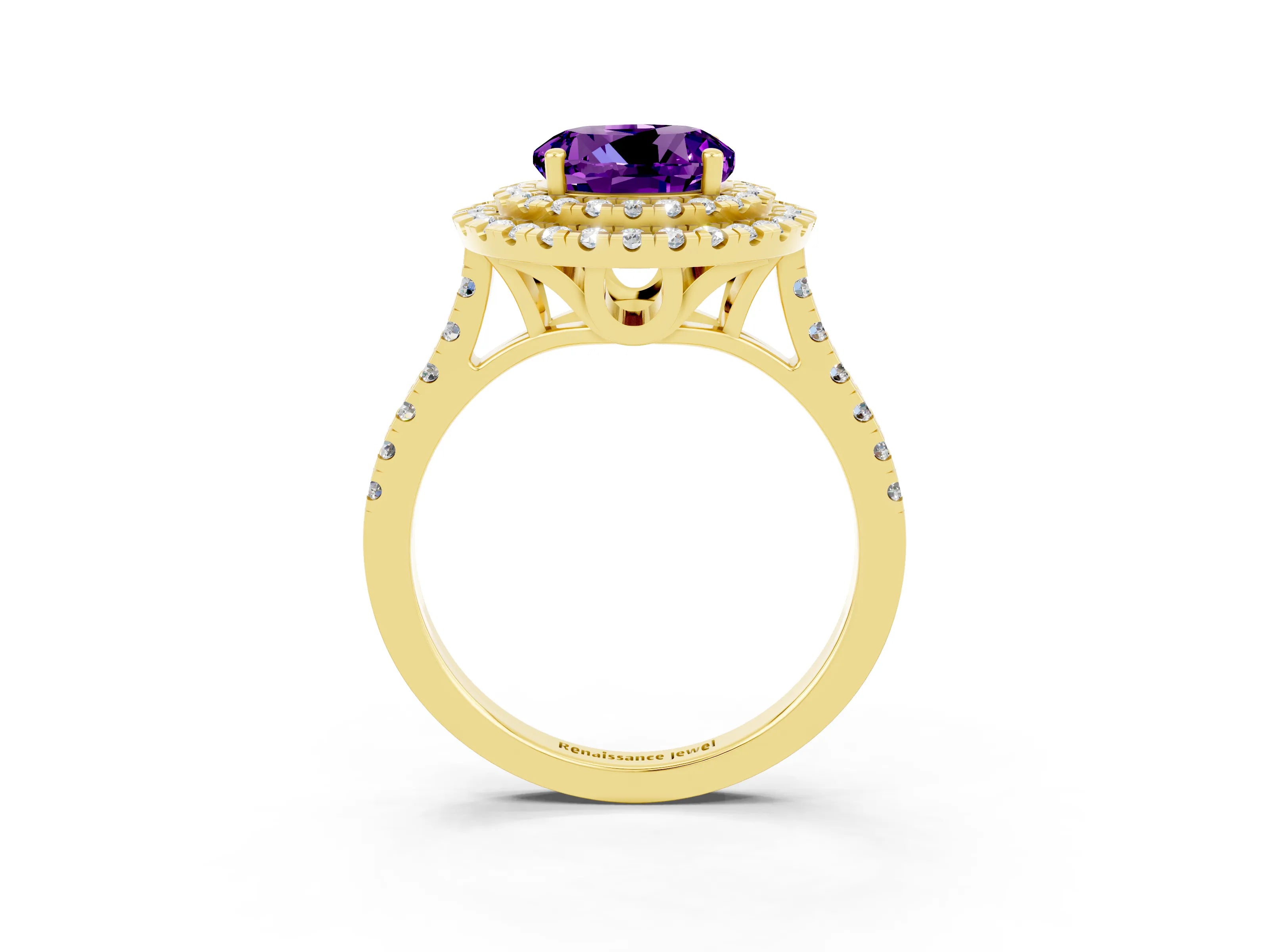Yellow gold Double Halo Round Cut Amethyst Pavé Band with Four-Prong Setting_3