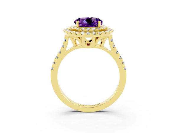 Yellow gold Double Halo Round Cut Amethyst Pavé Band with Four-Prong Setting
