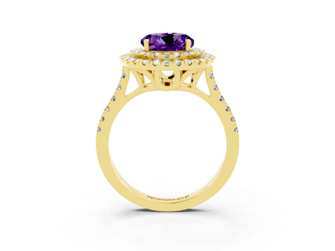 Yellow gold Double Halo Round Cut Amethyst Pavé Band with Four-Prong Setting_3