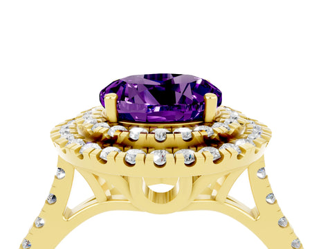 Yellow gold Double Halo Round Cut Amethyst Pavé Band with Four-Prong Setting_4