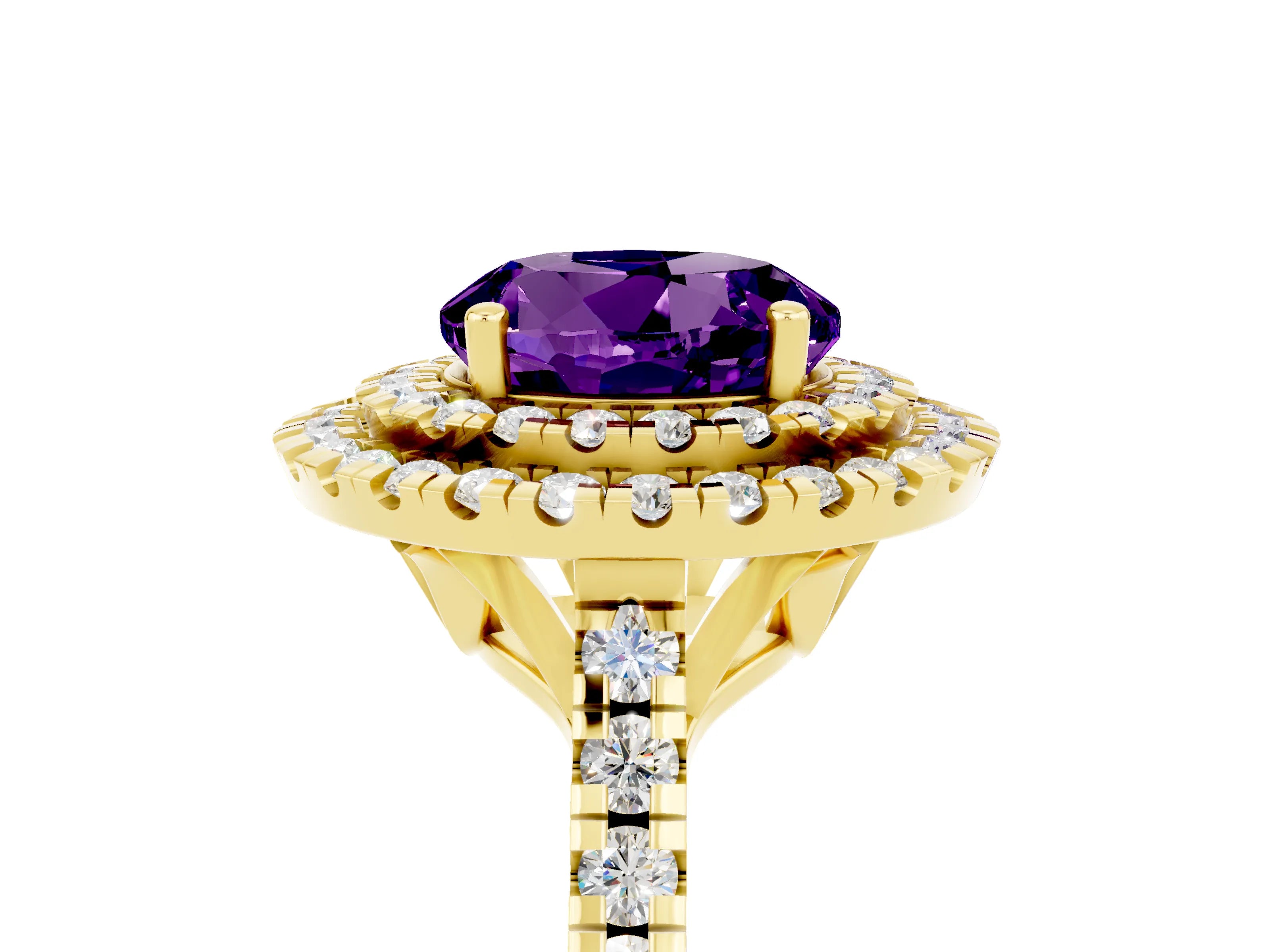 Yellow gold Double Halo Round Cut Amethyst Pavé Band with Four-Prong Setting_5