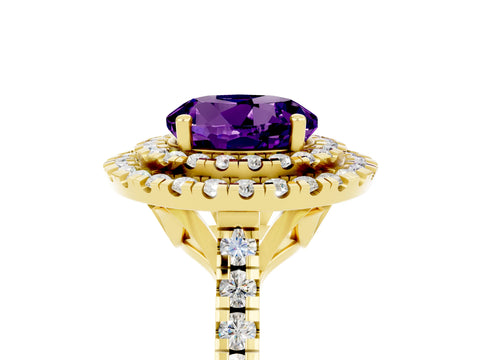 Yellow gold Double Halo Round Cut Amethyst Pavé Band with Four-Prong Setting_5