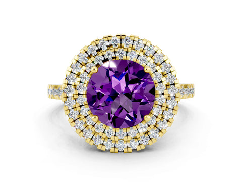 Yellow gold Double Halo Round Cut Amethyst Pavé Band with Four-Prong Setting