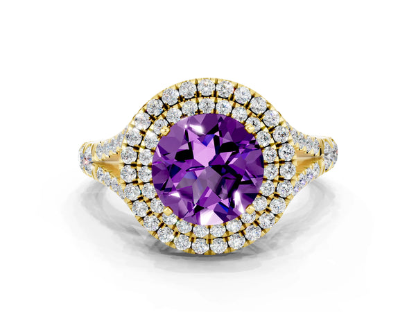 Yellow gold Double Halo Round Cut Amethyst Pavé Split Shank Ring with Prong Setting