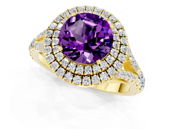 Yellow gold Double Halo Round Cut Amethyst Pavé Split Shank Ring with Prong Setting