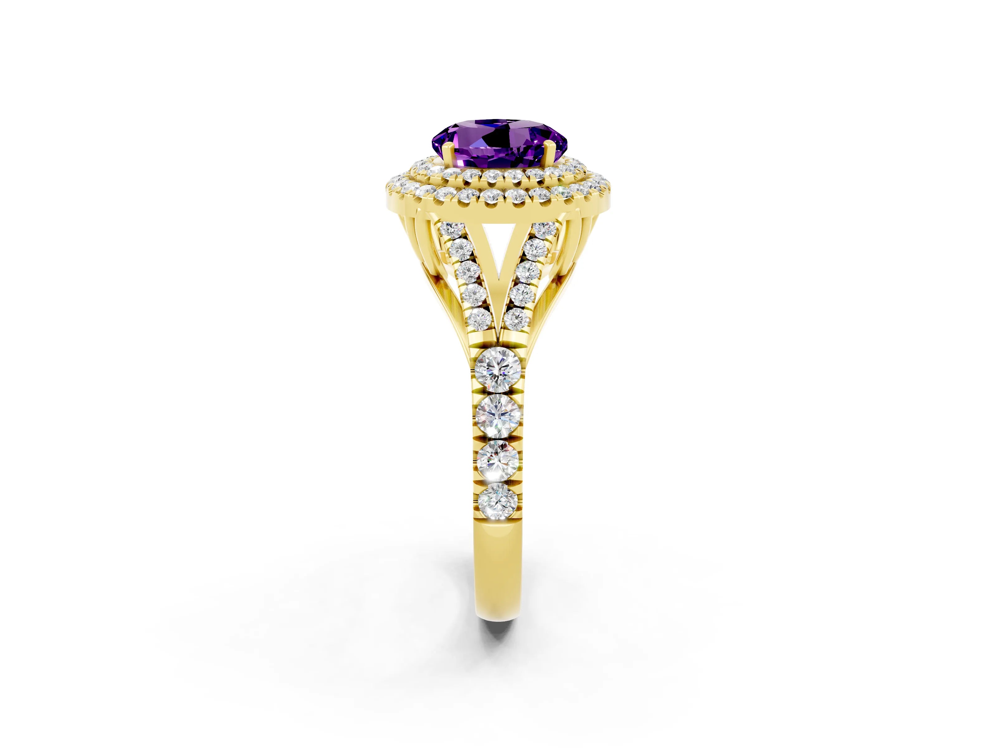 Yellow gold Double Halo Round Cut Amethyst Pavé Split Shank Ring with Prong Setting_2
