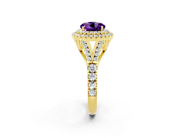 Yellow gold Double Halo Round Cut Amethyst Pavé Split Shank Ring with Prong Setting