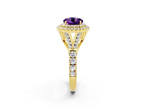 Yellow gold Double Halo Round Cut Amethyst Pavé Split Shank Ring with Prong Setting_2