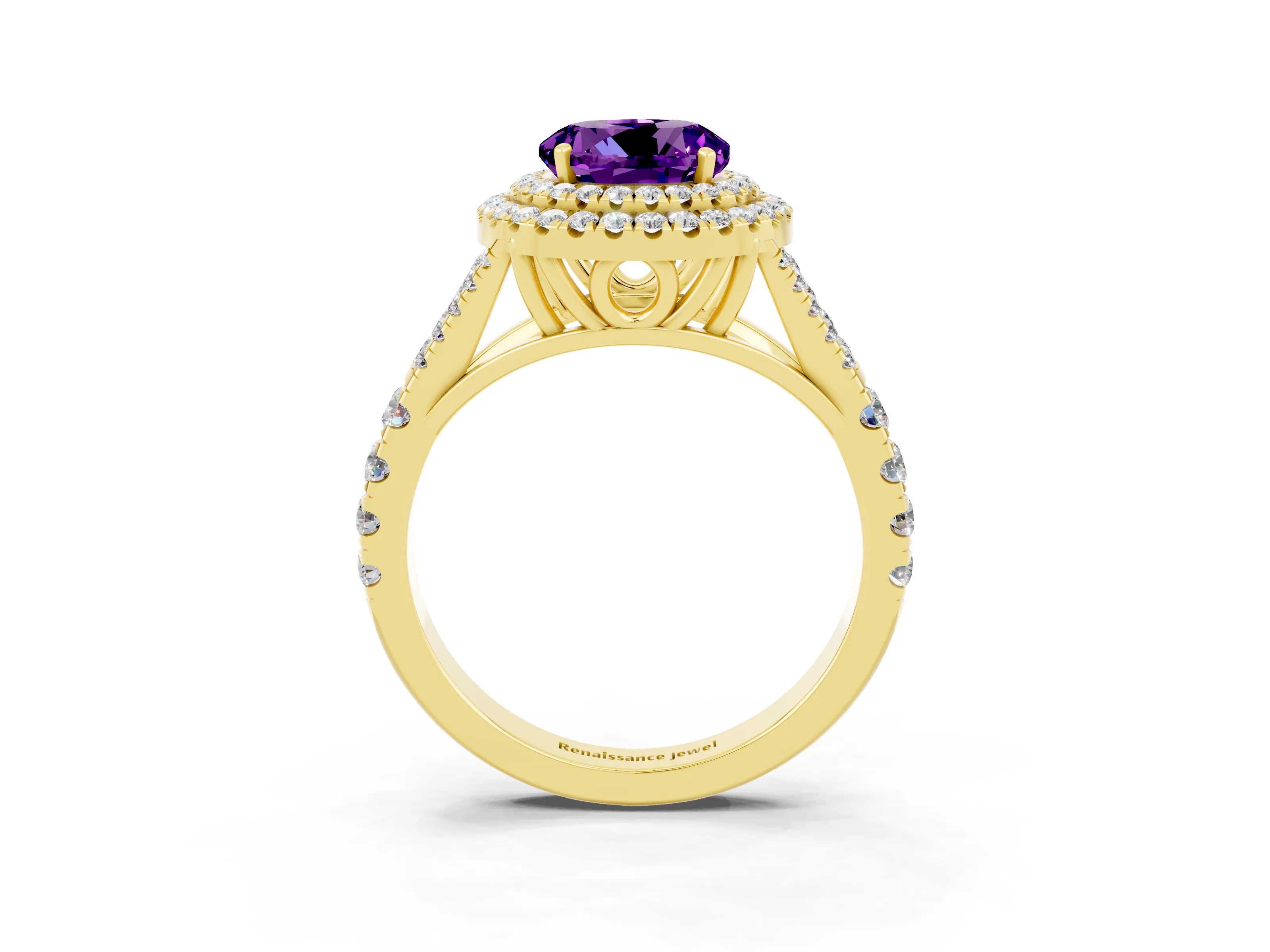 Yellow gold Double Halo Round Cut Amethyst Pavé Split Shank Ring with Prong Setting_3