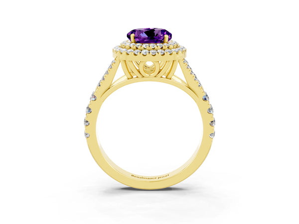 Yellow gold Double Halo Round Cut Amethyst Pavé Split Shank Ring with Prong Setting