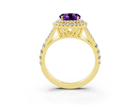 Yellow gold Double Halo Round Cut Amethyst Pavé Split Shank Ring with Prong Setting_3