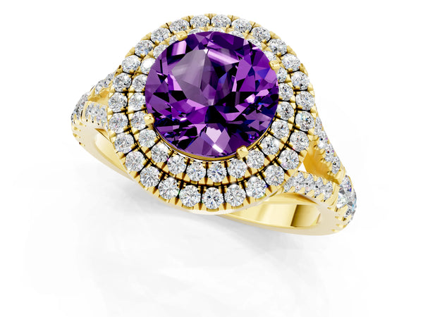 Yellow gold Double Halo Round Cut Amethyst Split Shank Engagement Ring with Four-Prong Setting