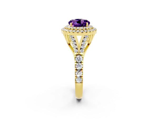 Yellow gold Double Halo Round Cut Amethyst Split Shank Engagement Ring with Four-Prong Setting
