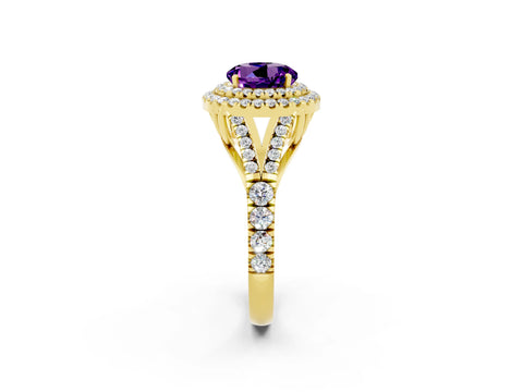 Yellow gold Double Halo Round Cut Amethyst Split Shank Engagement Ring with Four-Prong Setting_2