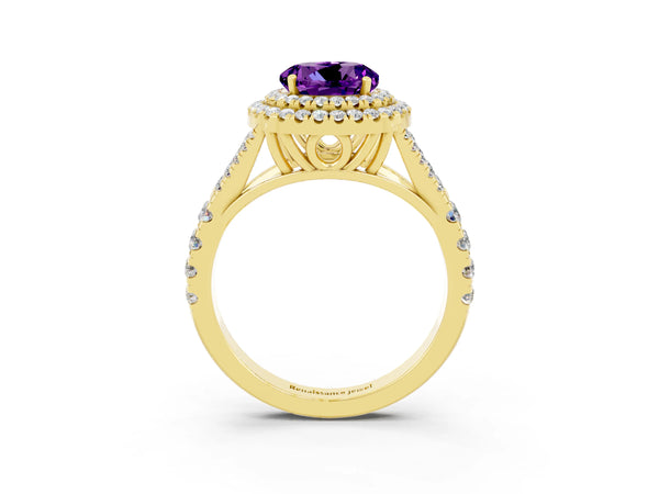 Yellow gold Double Halo Round Cut Amethyst Split Shank Engagement Ring with Four-Prong Setting